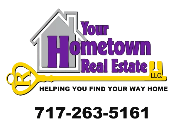 Logo for Your Hometown Real Estate LLC with a house image and a yellow key design. Text reads: "Helping you find your way home" and "717-263-5161.